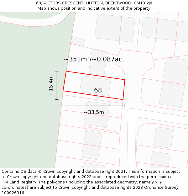 68, VICTORS CRESCENT, HUTTON, BRENTWOOD, CM13 2JA: Plot and title map