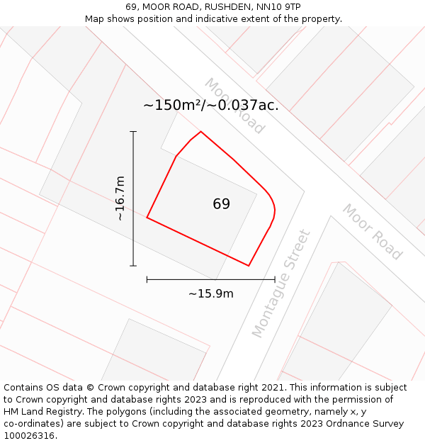 69, MOOR ROAD, RUSHDEN, NN10 9TP: Plot and title map