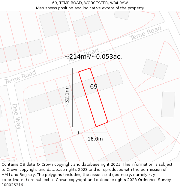 69, TEME ROAD, WORCESTER, WR4 9AW: Plot and title map