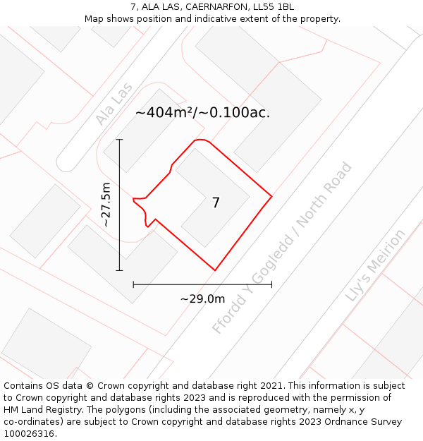 7, ALA LAS, CAERNARFON, LL55 1BL: Plot and title map