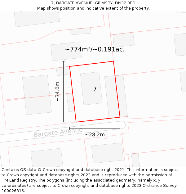 7, BARGATE AVENUE, GRIMSBY, DN32 0ED: Plot and title map