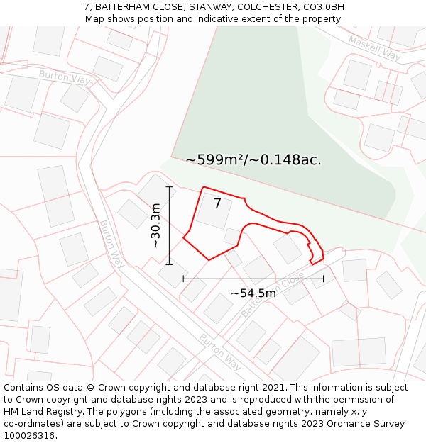 7, BATTERHAM CLOSE, STANWAY, COLCHESTER, CO3 0BH: Plot and title map