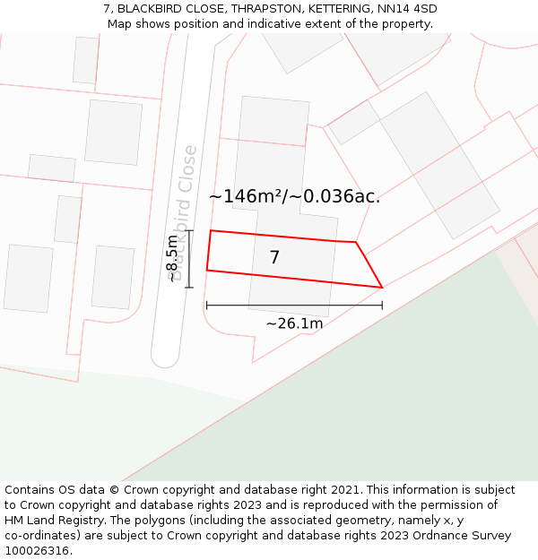 7, BLACKBIRD CLOSE, THRAPSTON, KETTERING, NN14 4SD: Plot and title map