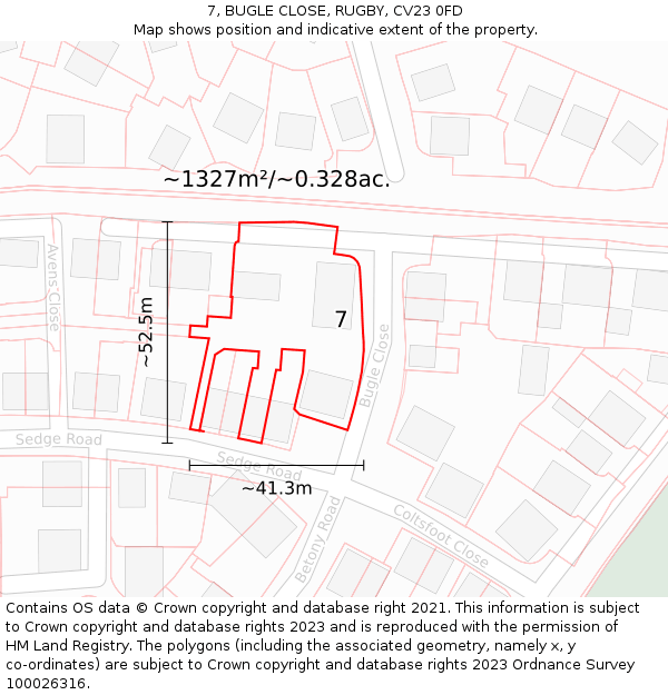 7, BUGLE CLOSE, RUGBY, CV23 0FD: Plot and title map