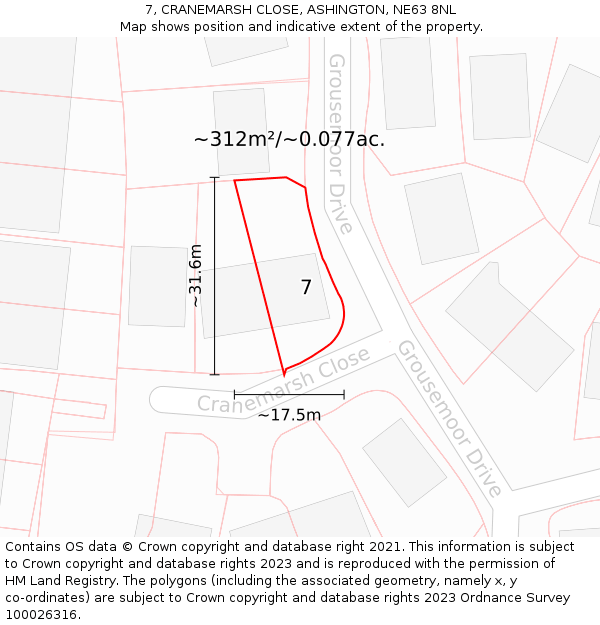 7, CRANEMARSH CLOSE, ASHINGTON, NE63 8NL: Plot and title map