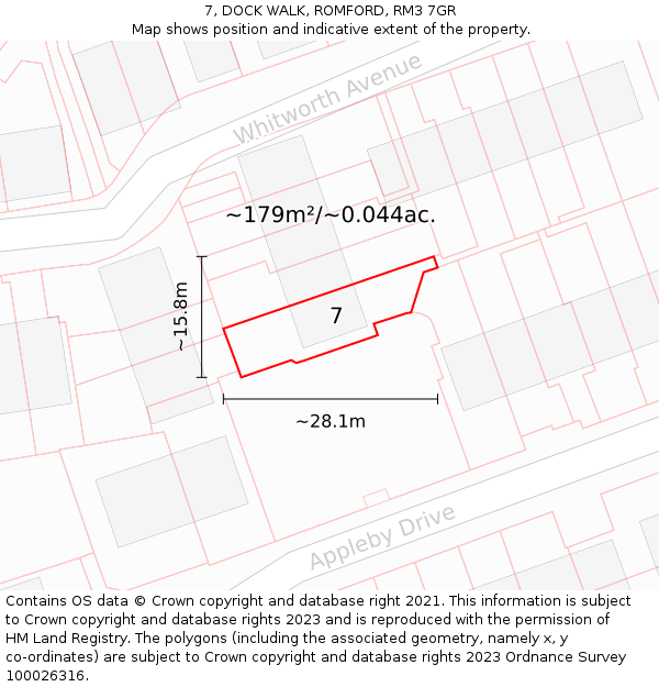 7, DOCK WALK, ROMFORD, RM3 7GR: Plot and title map