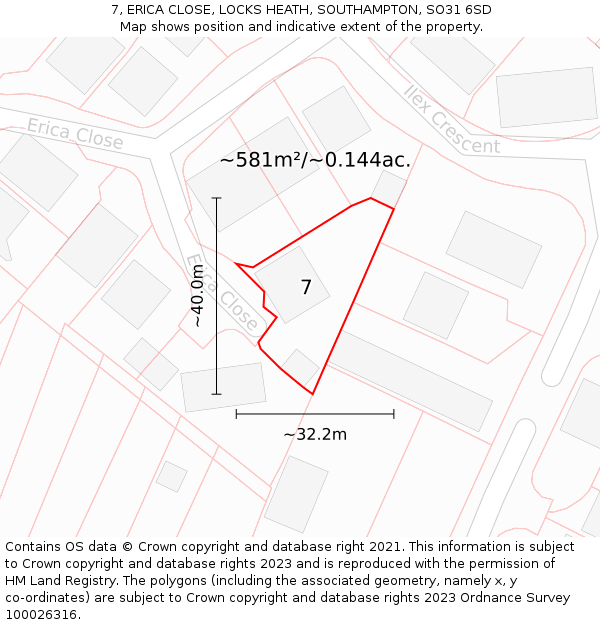 7, ERICA CLOSE, LOCKS HEATH, SOUTHAMPTON, SO31 6SD: Plot and title map