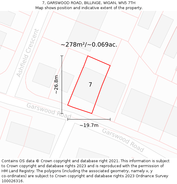 7, GARSWOOD ROAD, BILLINGE, WIGAN, WN5 7TH: Plot and title map