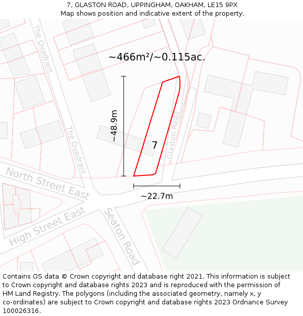 7, GLASTON ROAD, UPPINGHAM, OAKHAM, LE15 9PX: Plot and title map
