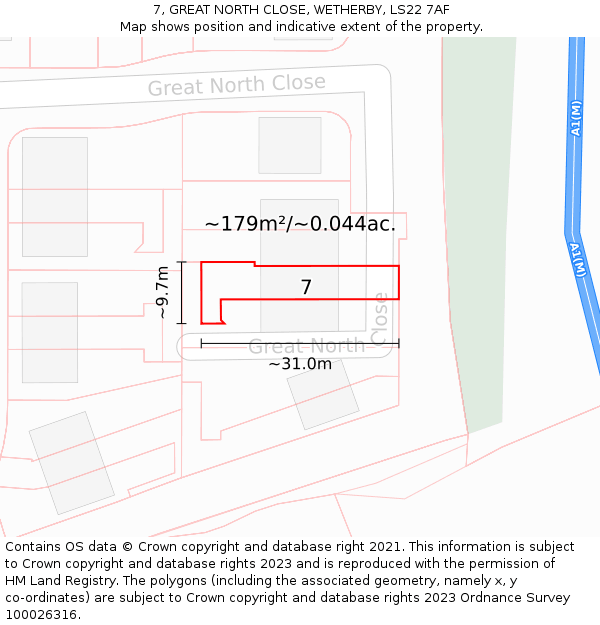 7, GREAT NORTH CLOSE, WETHERBY, LS22 7AF: Plot and title map