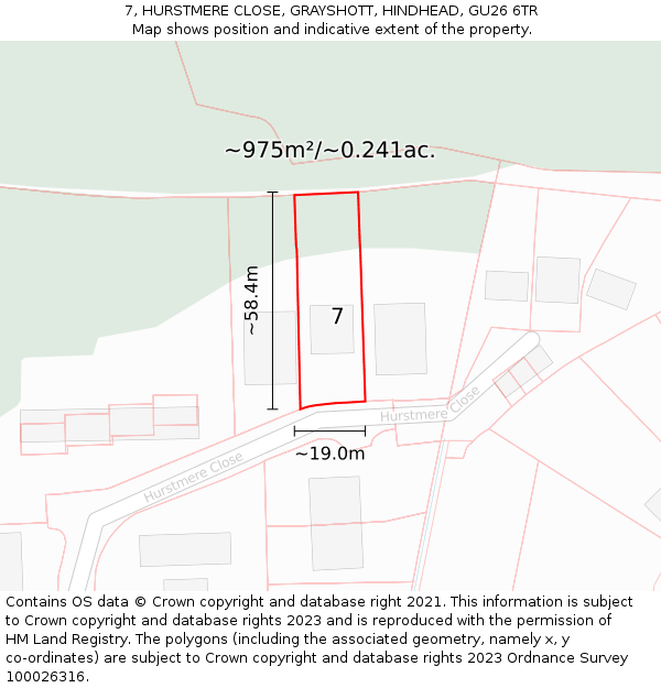 7, HURSTMERE CLOSE, GRAYSHOTT, HINDHEAD, GU26 6TR: Plot and title map