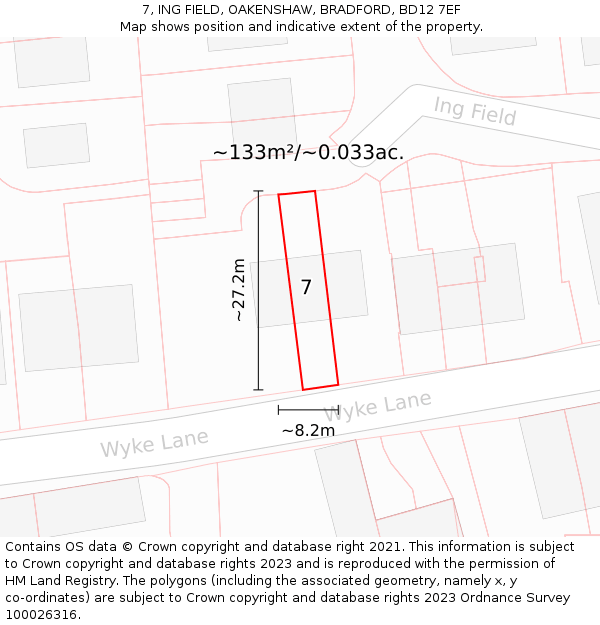 7, ING FIELD, OAKENSHAW, BRADFORD, BD12 7EF: Plot and title map