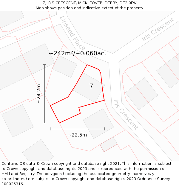 7, IRIS CRESCENT, MICKLEOVER, DERBY, DE3 0FW: Plot and title map
