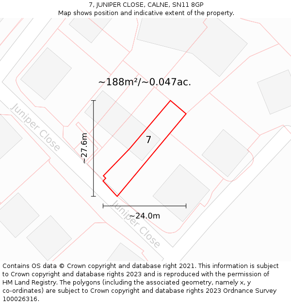 7, JUNIPER CLOSE, CALNE, SN11 8GP: Plot and title map