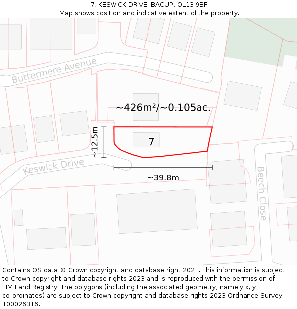7, KESWICK DRIVE, BACUP, OL13 9BF: Plot and title map