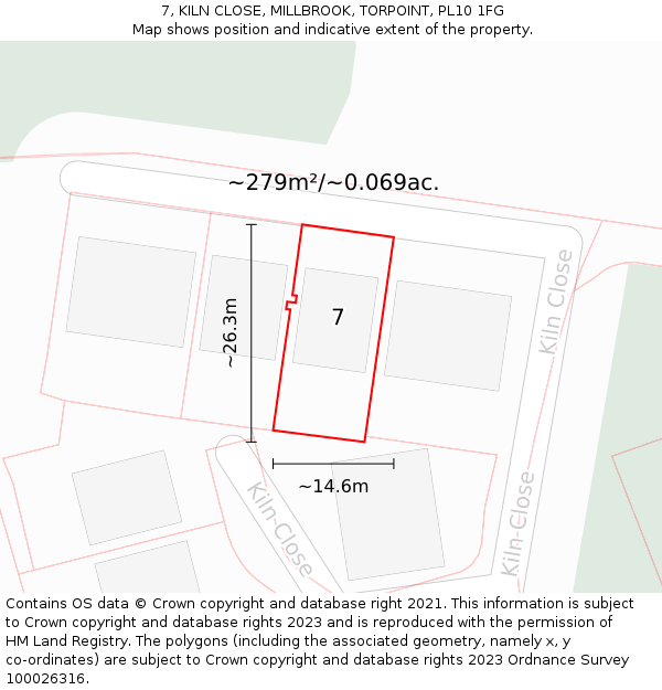 7, KILN CLOSE, MILLBROOK, TORPOINT, PL10 1FG: Plot and title map