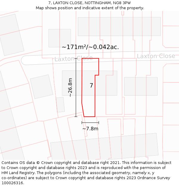 7, LAXTON CLOSE, NOTTINGHAM, NG8 3PW: Plot and title map