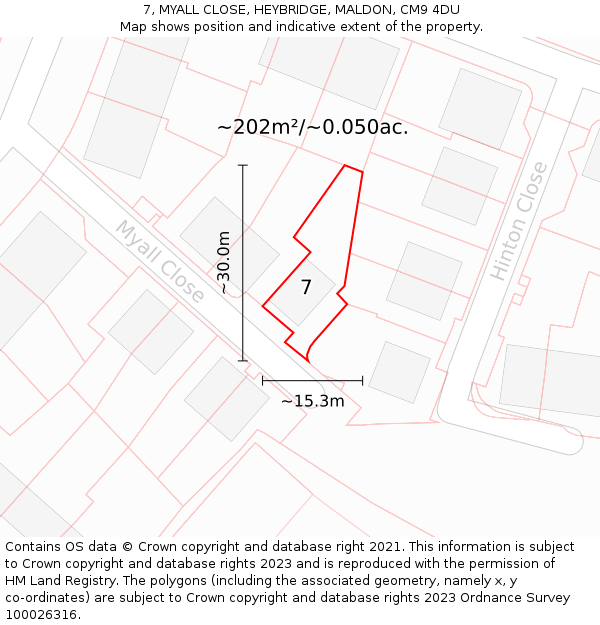 7, MYALL CLOSE, HEYBRIDGE, MALDON, CM9 4DU: Plot and title map