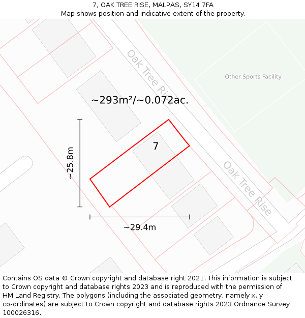 7, OAK TREE RISE, MALPAS, SY14 7FA: Plot and title map