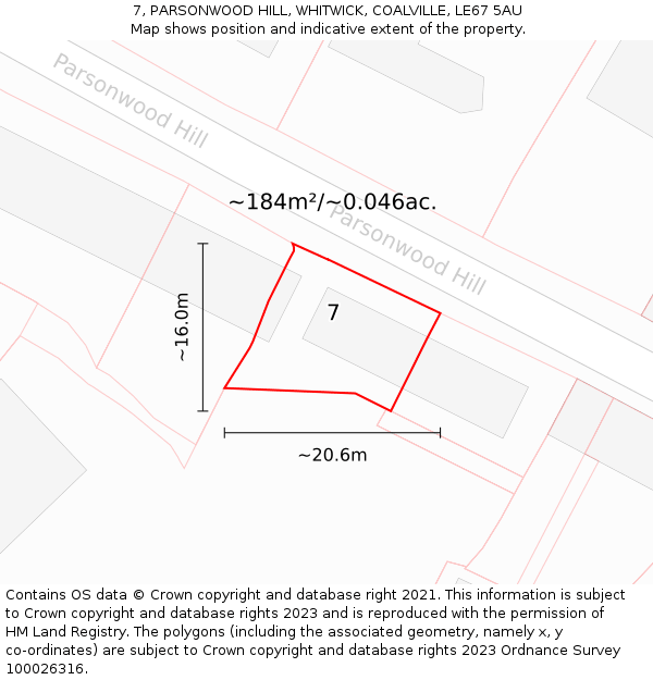 7, PARSONWOOD HILL, WHITWICK, COALVILLE, LE67 5AU: Plot and title map