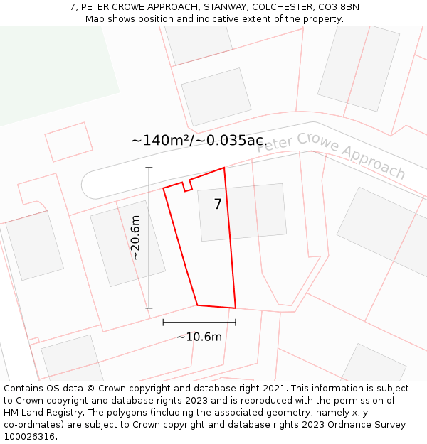 7, PETER CROWE APPROACH, STANWAY, COLCHESTER, CO3 8BN: Plot and title map