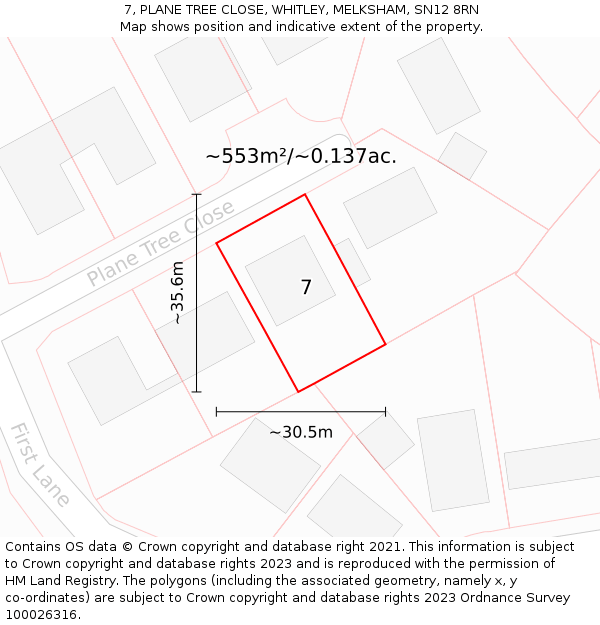 7, PLANE TREE CLOSE, WHITLEY, MELKSHAM, SN12 8RN: Plot and title map