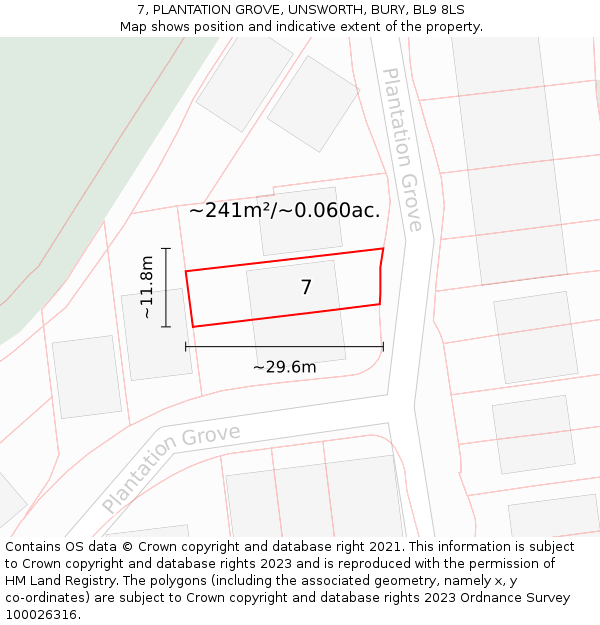 7, PLANTATION GROVE, UNSWORTH, BURY, BL9 8LS: Plot and title map