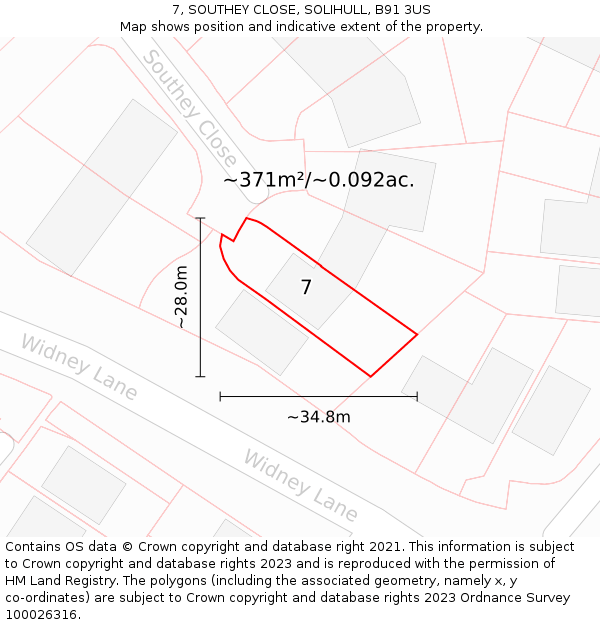 7, SOUTHEY CLOSE, SOLIHULL, B91 3US: Plot and title map