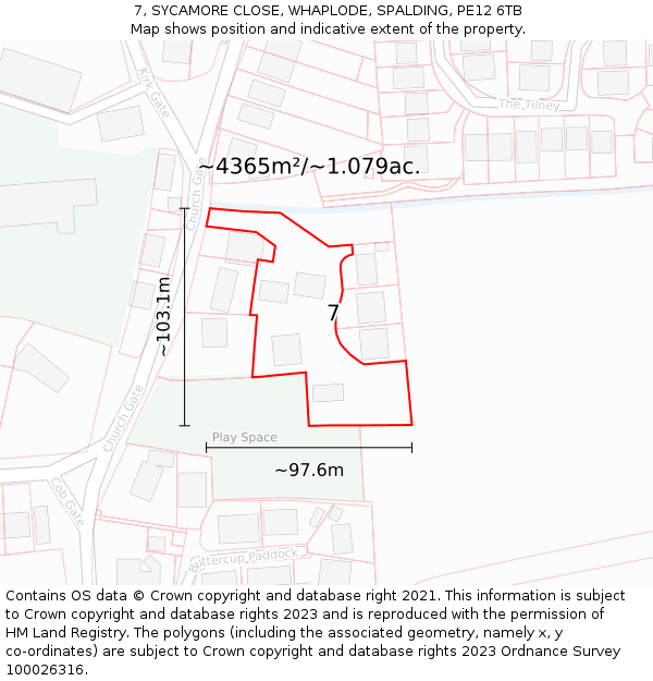 7, SYCAMORE CLOSE, WHAPLODE, SPALDING, PE12 6TB: Plot and title map