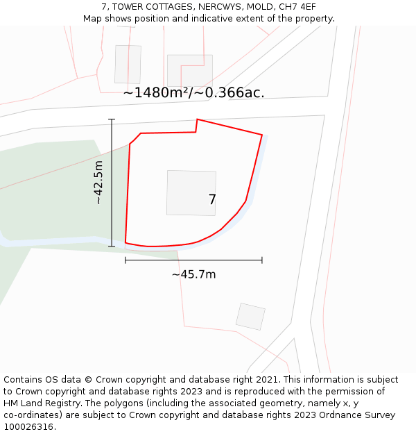 7, TOWER COTTAGES, NERCWYS, MOLD, CH7 4EF: Plot and title map