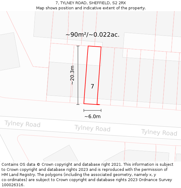 7, TYLNEY ROAD, SHEFFIELD, S2 2RX: Plot and title map