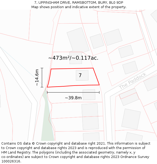 7, UPPINGHAM DRIVE, RAMSBOTTOM, BURY, BL0 9DP: Plot and title map