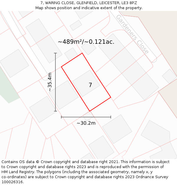 7, WARING CLOSE, GLENFIELD, LEICESTER, LE3 8PZ: Plot and title map