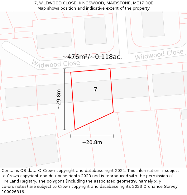 7, WILDWOOD CLOSE, KINGSWOOD, MAIDSTONE, ME17 3QE: Plot and title map