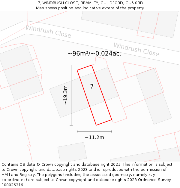 7, WINDRUSH CLOSE, BRAMLEY, GUILDFORD, GU5 0BB: Plot and title map