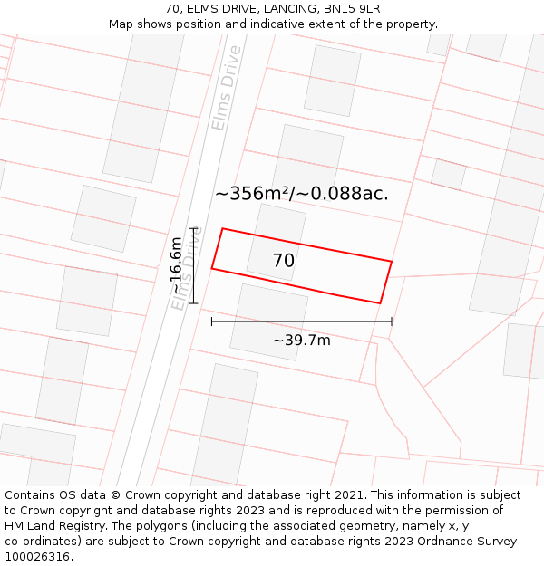 70, ELMS DRIVE, LANCING, BN15 9LR: Plot and title map