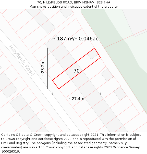 70, HILLYFIELDS ROAD, BIRMINGHAM, B23 7HA: Plot and title map