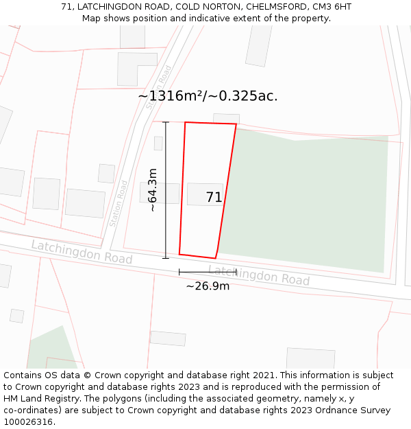 71, LATCHINGDON ROAD, COLD NORTON, CHELMSFORD, CM3 6HT: Plot and title map
