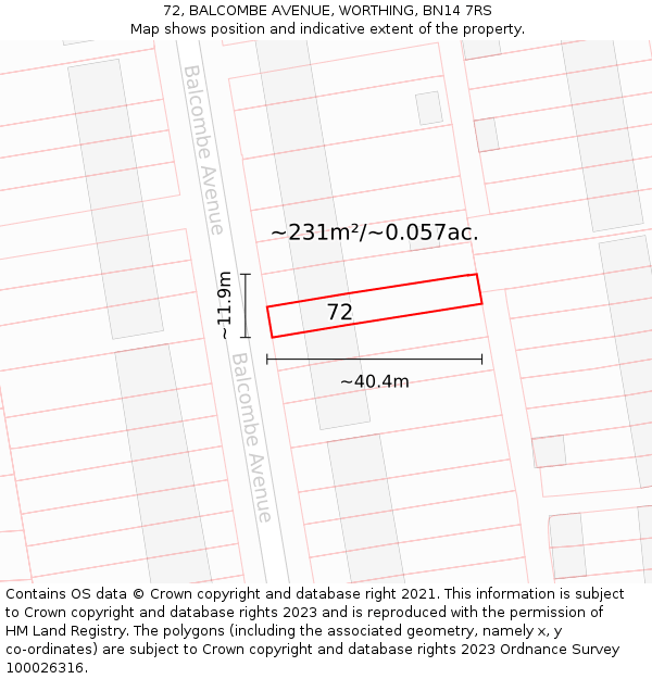 72, BALCOMBE AVENUE, WORTHING, BN14 7RS: Plot and title map