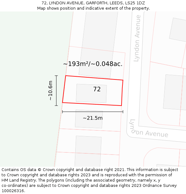 72, LYNDON AVENUE, GARFORTH, LEEDS, LS25 1DZ: Plot and title map