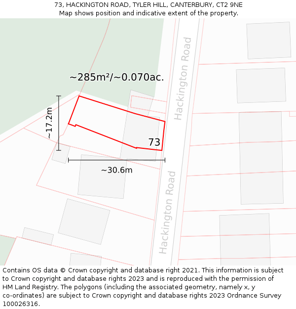 73, HACKINGTON ROAD, TYLER HILL, CANTERBURY, CT2 9NE: Plot and title map