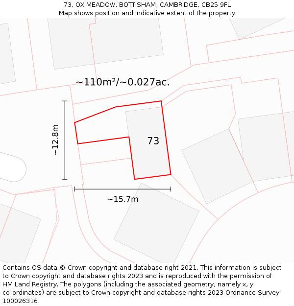 73, OX MEADOW, BOTTISHAM, CAMBRIDGE, CB25 9FL: Plot and title map