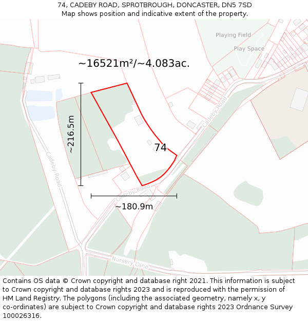 74, CADEBY ROAD, SPROTBROUGH, DONCASTER, DN5 7SD: Plot and title map