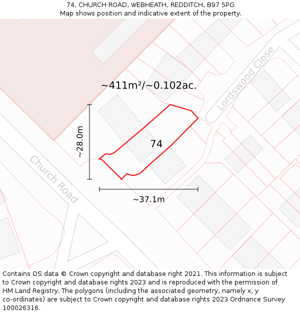 74, CHURCH ROAD, WEBHEATH, REDDITCH, B97 5PG: Plot and title map