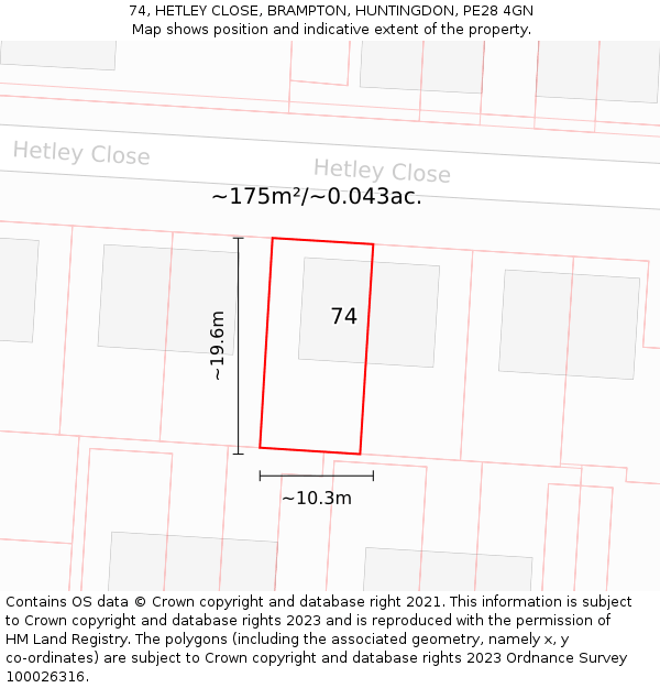 74, HETLEY CLOSE, BRAMPTON, HUNTINGDON, PE28 4GN: Plot and title map
