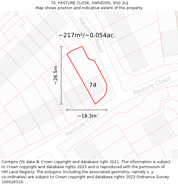 74, PASTURE CLOSE, SWINDON, SN2 2UJ: Plot and title map