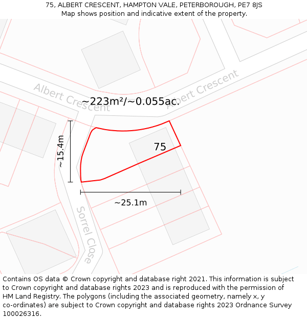 75, ALBERT CRESCENT, HAMPTON VALE, PETERBOROUGH, PE7 8JS: Plot and title map