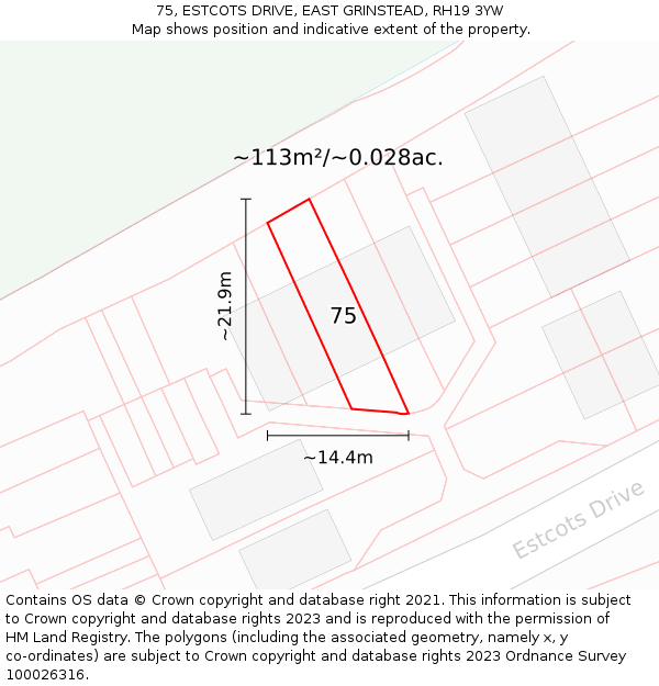 75, ESTCOTS DRIVE, EAST GRINSTEAD, RH19 3YW: Plot and title map