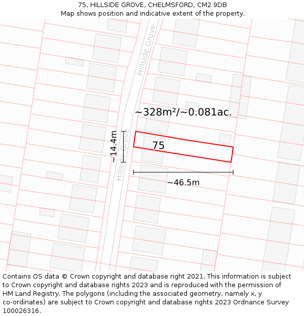 75, HILLSIDE GROVE, CHELMSFORD, CM2 9DB: Plot and title map