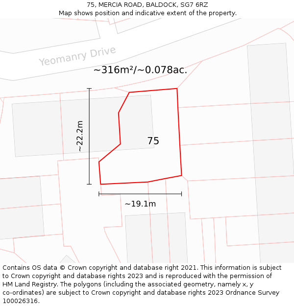 75, MERCIA ROAD, BALDOCK, SG7 6RZ: Plot and title map